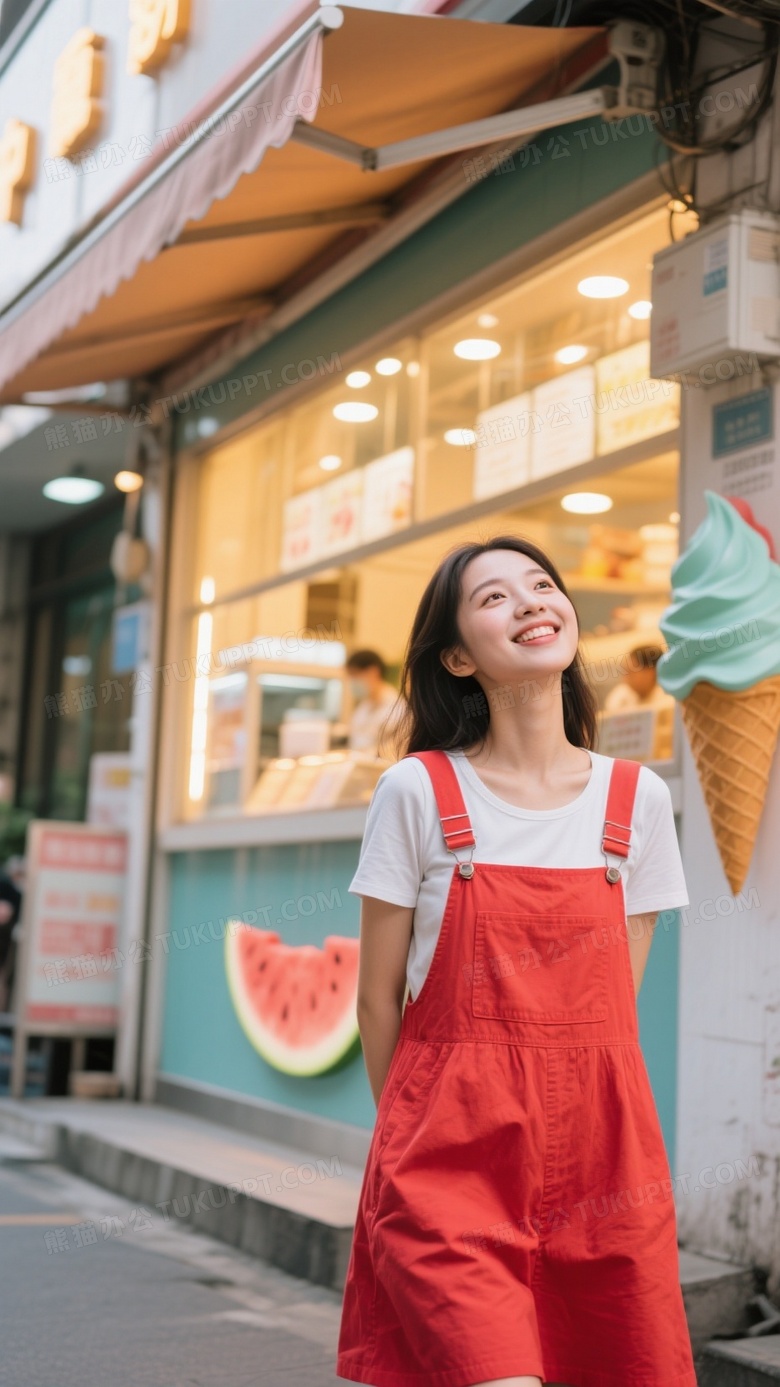 夏日高清摄影可爱美女穿着西瓜红背带裙在街边的冰淇淋店前