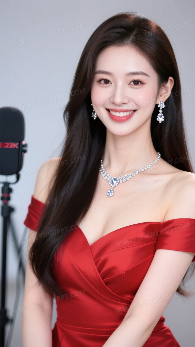 网红女主播长发穿着红色礼服