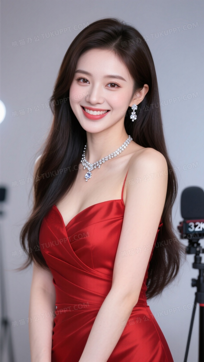 网红女主播长发穿着红色礼服