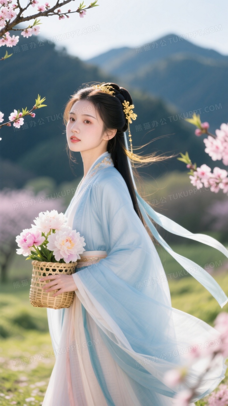 魏晋风广袖少女踏青天青大袖衫飘带绕桃枝