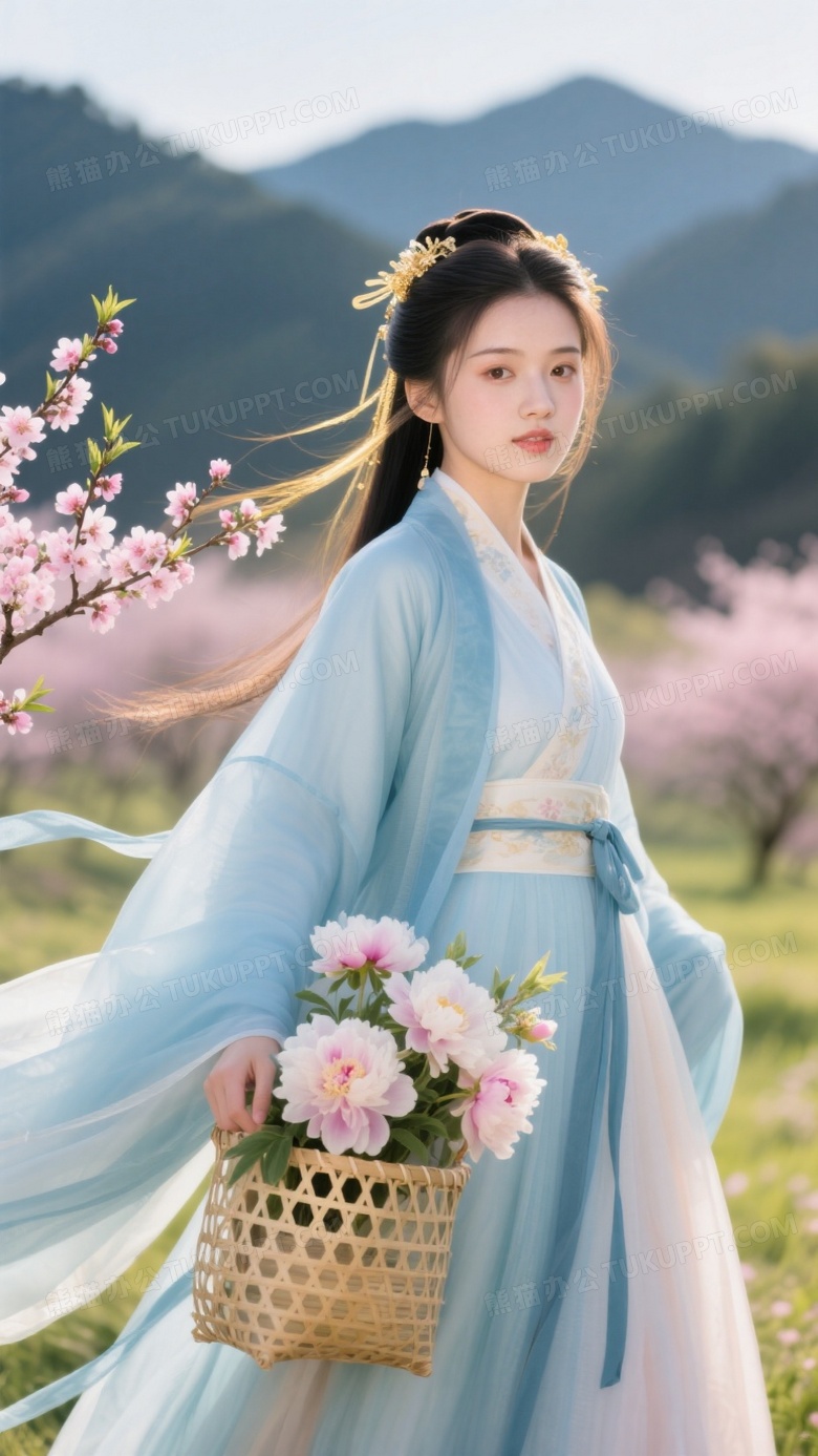 魏晋风广袖少女踏青天青大袖衫飘带绕桃枝