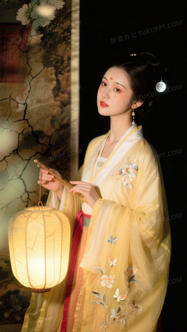 夜宴图风格少女执灯鹅黄交领襦裙缀流萤刺绣