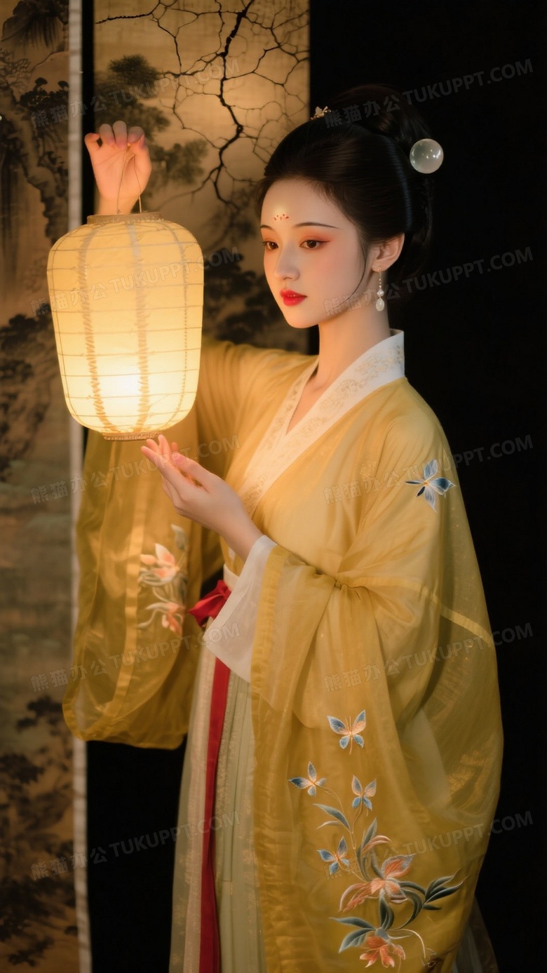 夜宴图风格少女执灯鹅黄交领襦裙缀流萤刺绣
