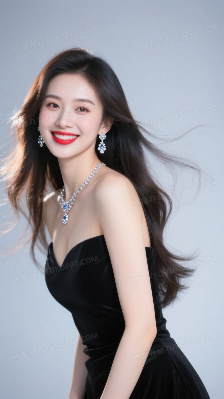 网红女主播长发穿着黑色礼服