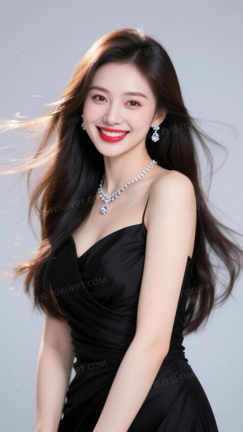 网红女主播长发穿着黑色礼服