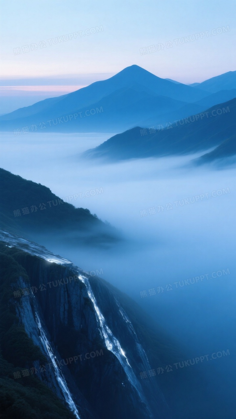 蓝调时刻长曝光创作黛青色山脉轮廓线在珍珠灰雾海中浮动