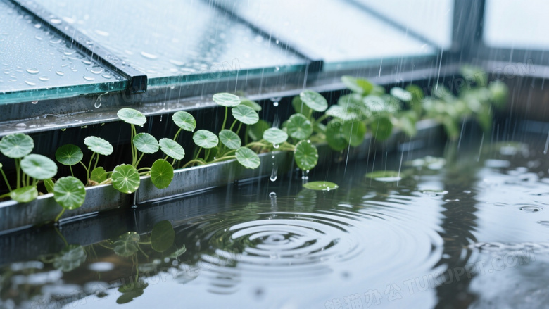 现代玻璃屋檐下雨景摄影