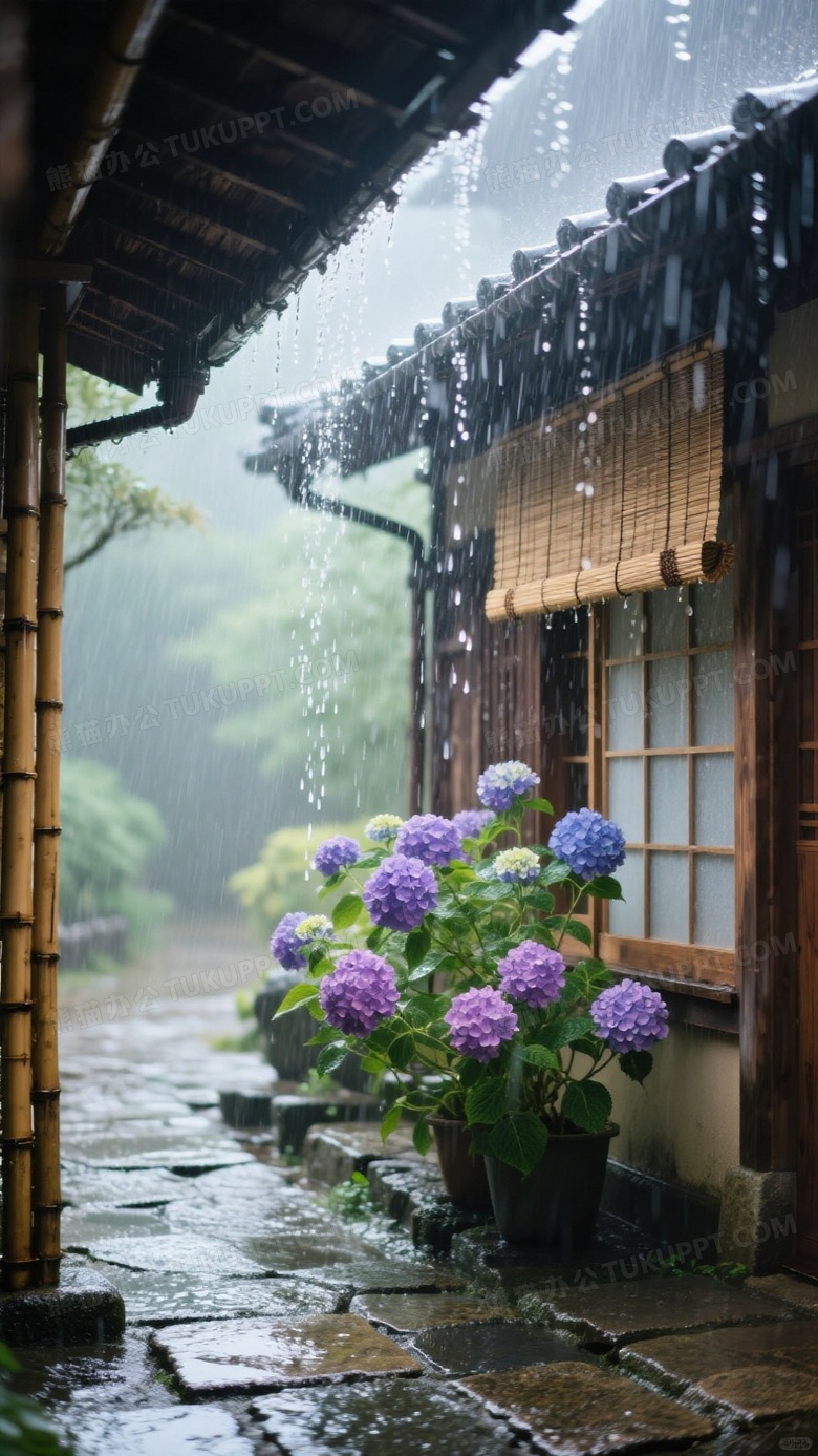 午后阵雨中的日式竹檐廊下