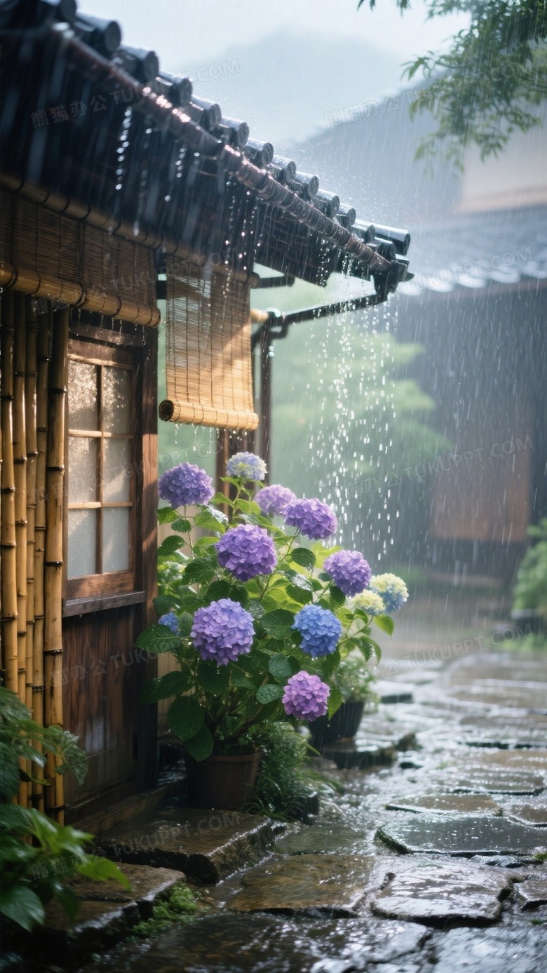 午后阵雨中的日式竹檐廊下