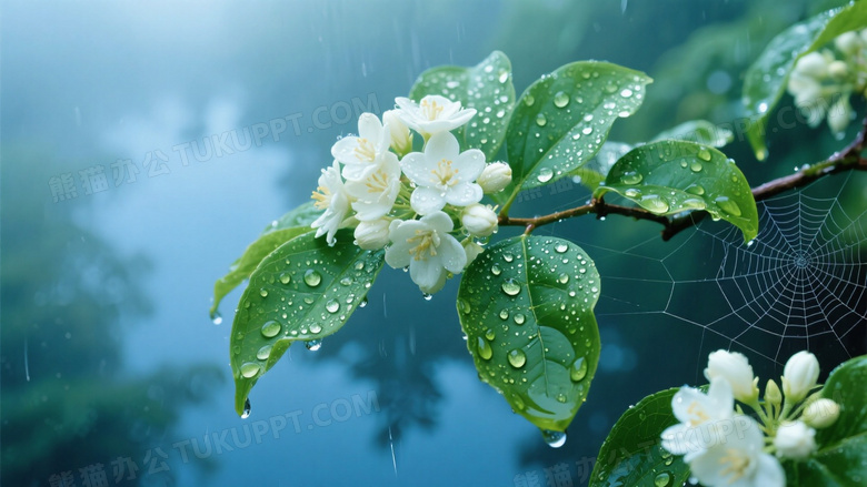 雨后茉莉簇拥绽放广角俯拍绿叶托举晶莹水珠