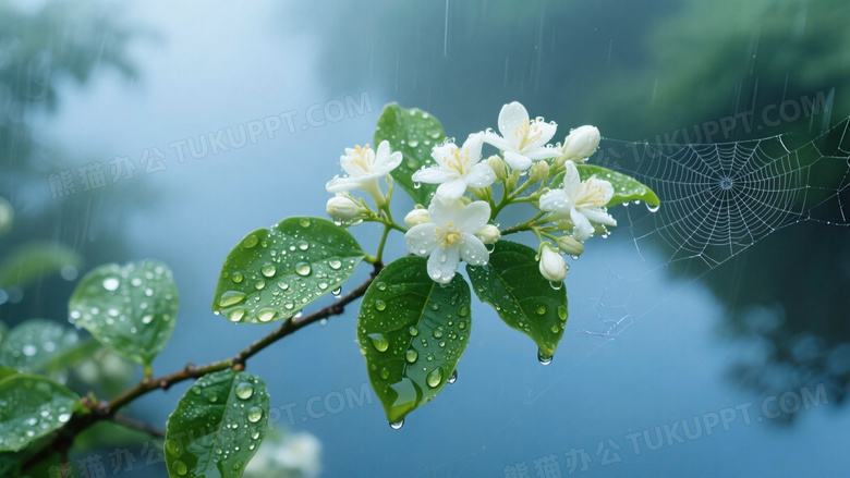 雨后茉莉簇拥绽放广角俯拍绿叶托举晶莹水珠
