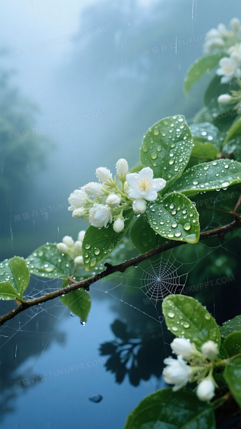 雨后茉莉簇拥绽放广角俯拍绿叶托举晶莹水珠