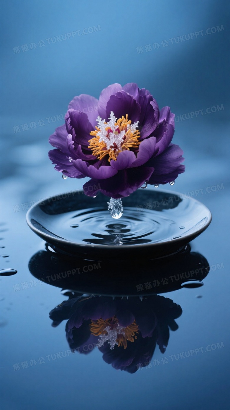 牡丹花蓝调时刻摄影深紫花朵悬浮墨玉盘水滴中