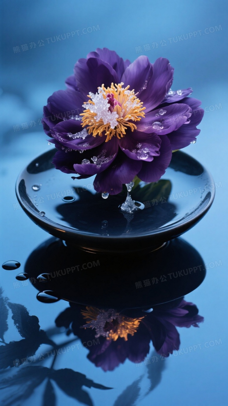 牡丹花蓝调时刻摄影深紫花朵悬浮墨玉盘水滴中