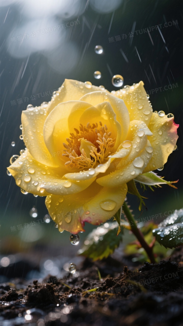 暴雨后黄玫瑰特写高速快门凝固花瓣上的弹跳水球