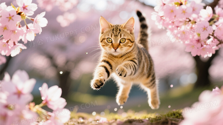 金黄色虎斑小猫在樱花林中跳跃