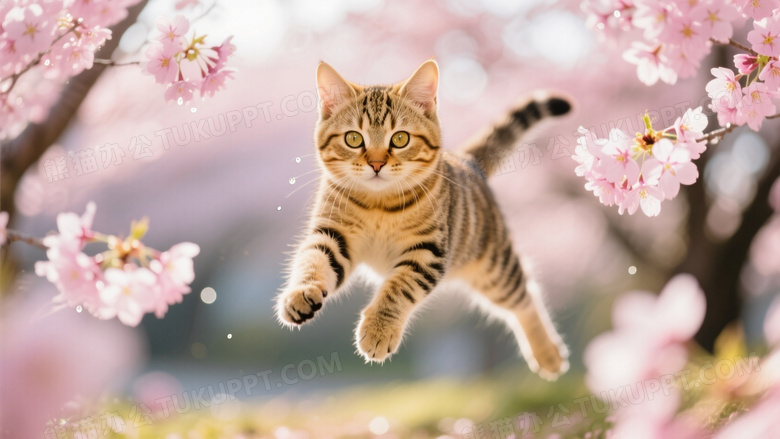 金黄色虎斑小猫在樱花林中跳跃