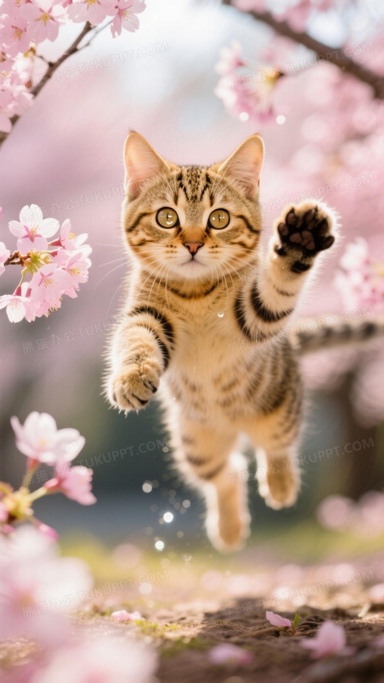 金黄色虎斑小猫在樱花林中跳跃