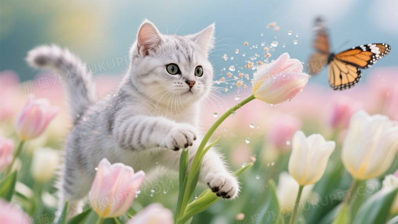 银渐层小猫追逐蝴蝶闯入郁金香花海