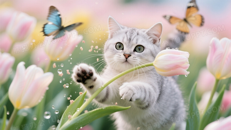 银渐层小猫追逐蝴蝶闯入郁金香花海