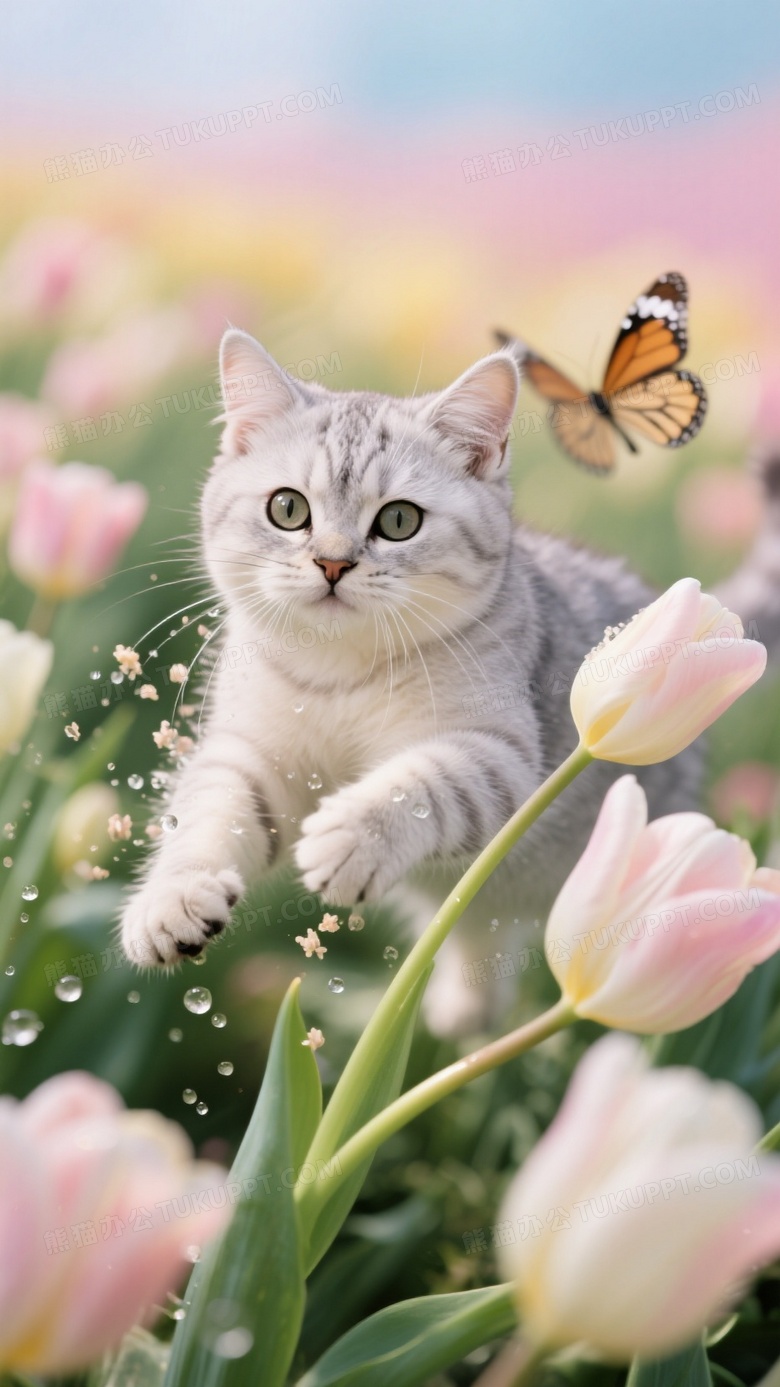 银渐层小猫追逐蝴蝶闯入郁金香花海