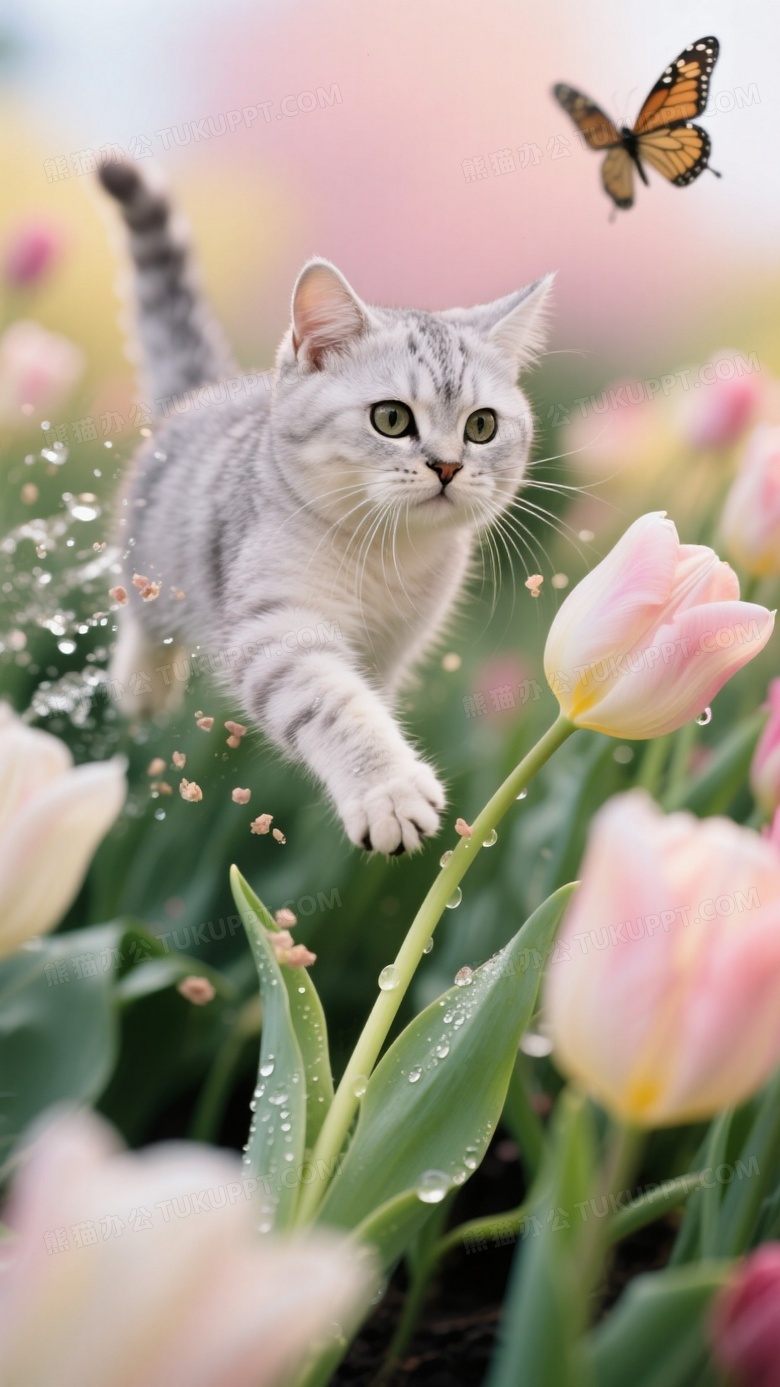 银渐层小猫追逐蝴蝶闯入郁金香花海