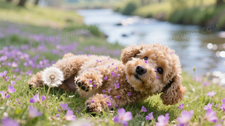 泰迪犬滚落铺满紫云英的草坡