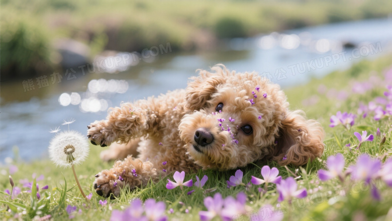 泰迪犬滚落铺满紫云英的草坡
