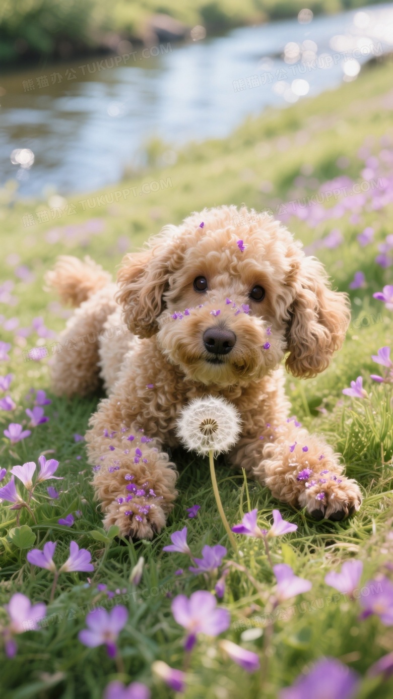 泰迪犬滚落铺满紫云英的草坡