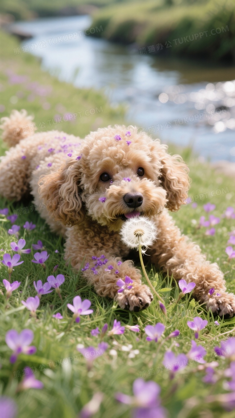 泰迪犬滚落铺满紫云英的草坡