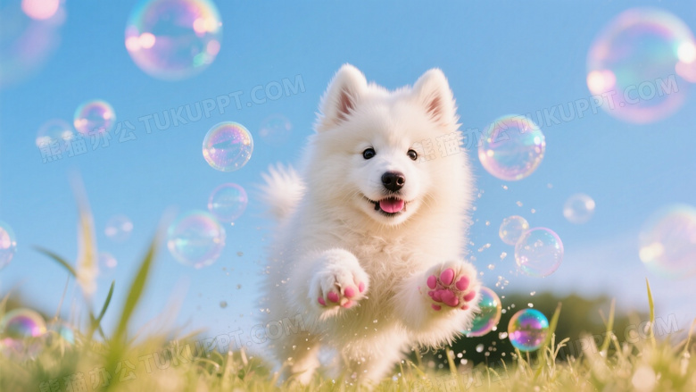 萨摩耶幼犬扑向泡泡群
