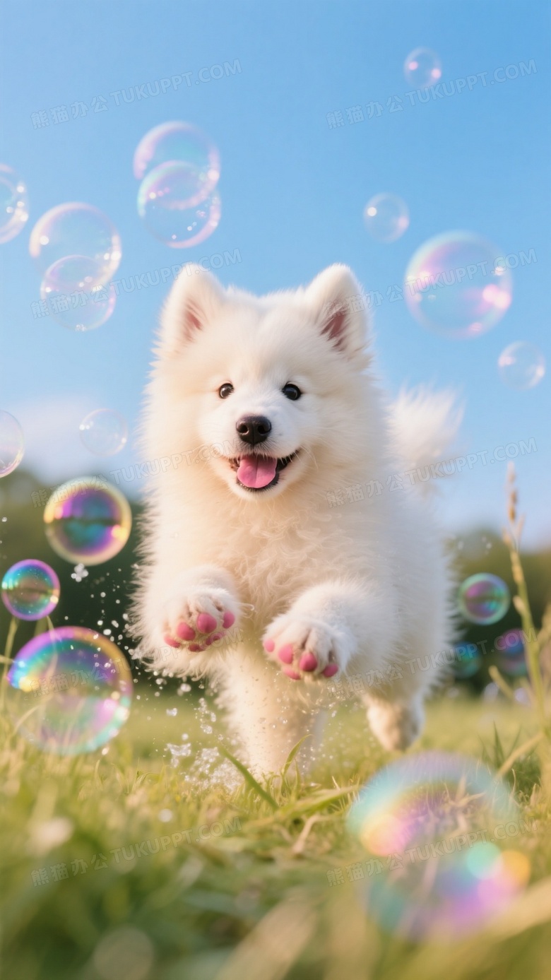 萨摩耶幼犬扑向泡泡群