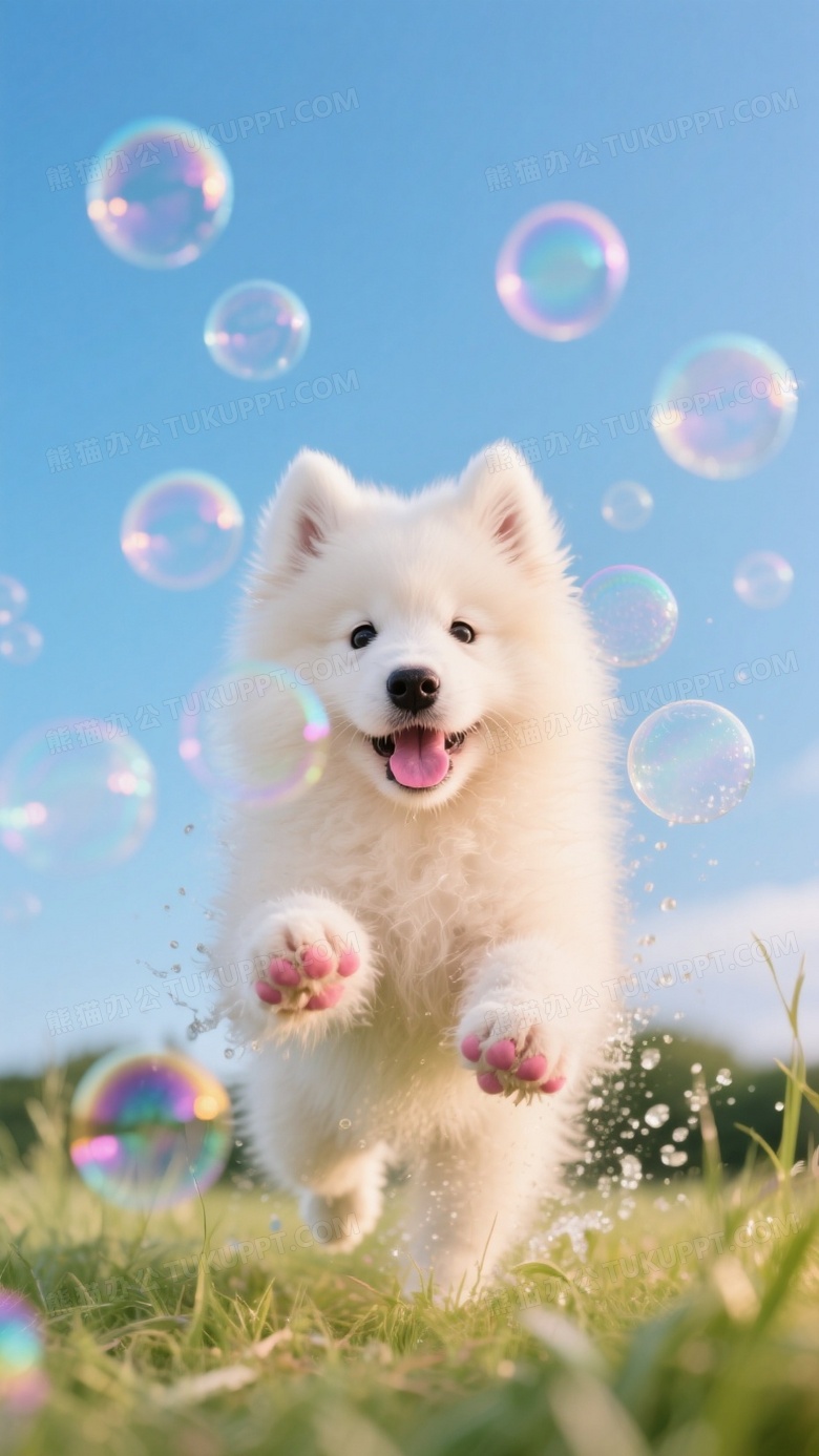 萨摩耶幼犬扑向泡泡群