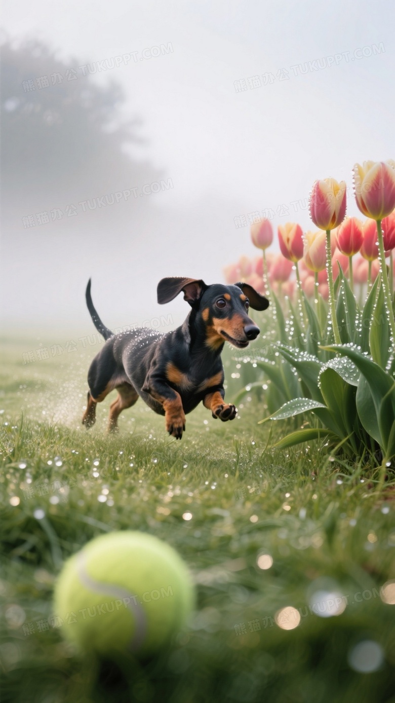 臘腸犬在晨霧草坪追逐網(wǎng)球