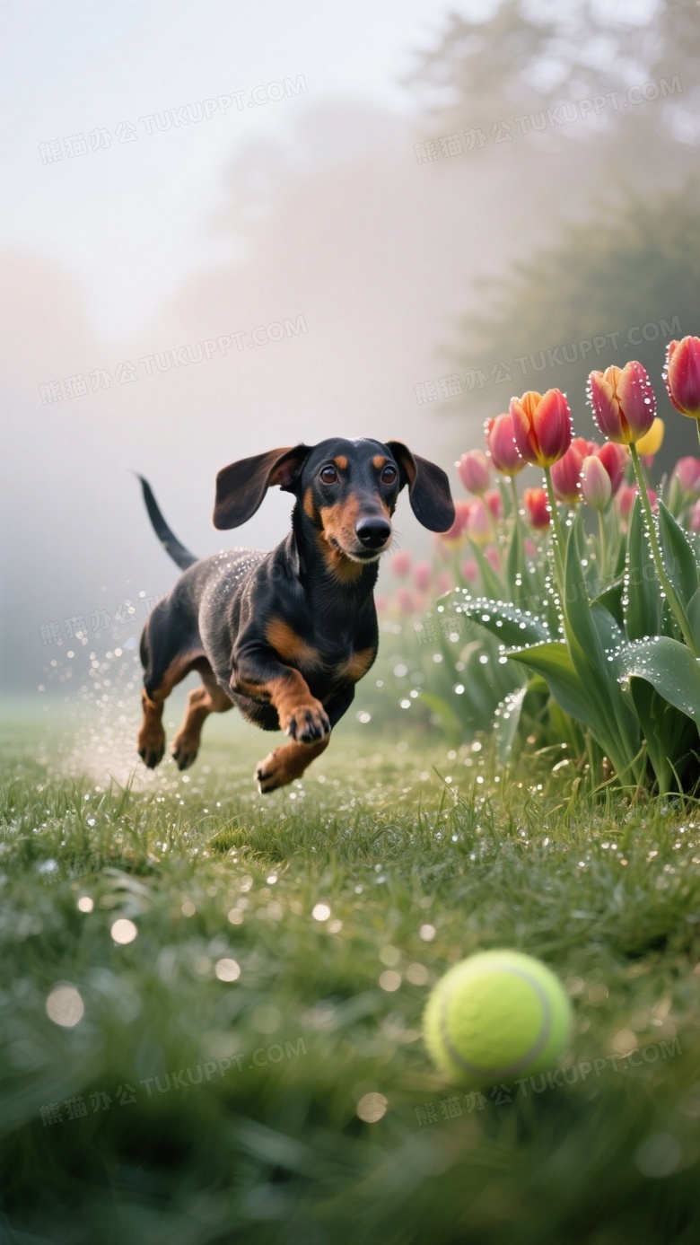 腊肠犬在晨雾草坪追逐网球