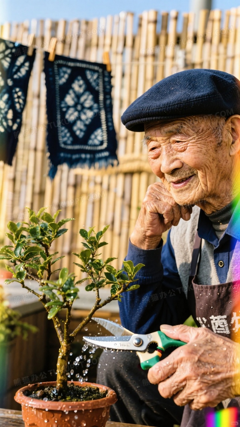 阳光露台肖像摄影戴贝雷帽老人示范盆栽修剪