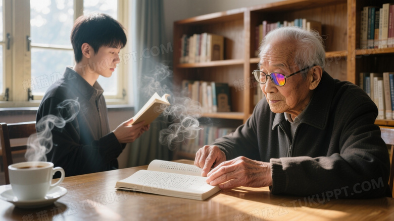 阅览室窗边情感纪实青年为视障老人朗读诗集