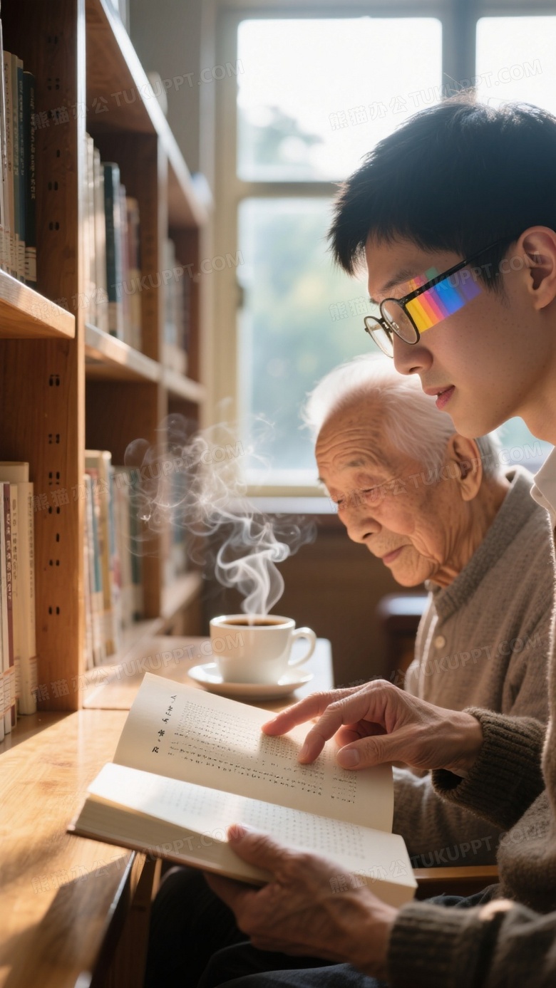 阅览室窗边情感纪实青年为视障老人朗读诗集
