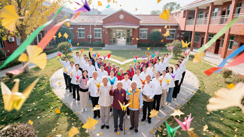 敬老院花园庆祝抓拍老人们手持彩纸鹤与志愿者团队合影