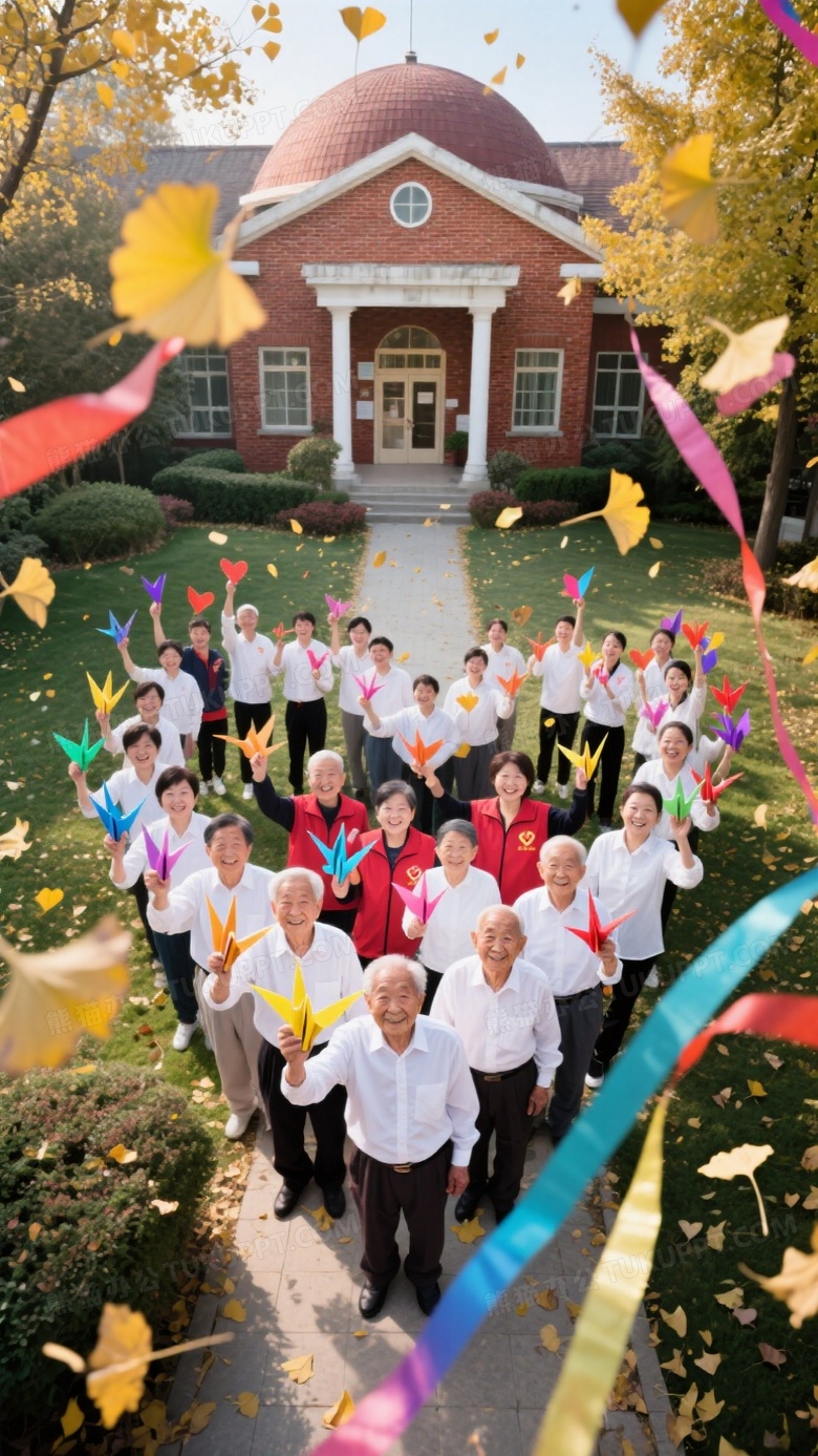 敬老院花园庆祝抓拍老人们手持彩纸鹤与志愿者团队合影