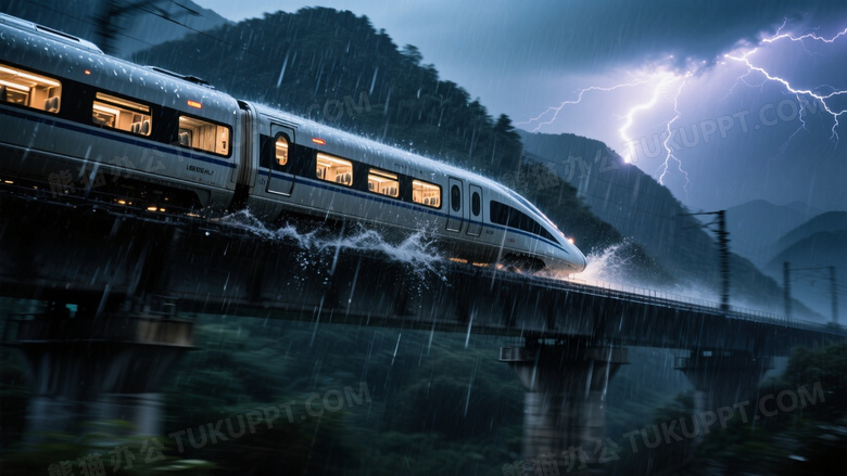 暴雨中的动车组掠过高架桥