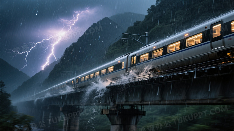 暴雨中的动车组掠过高架桥