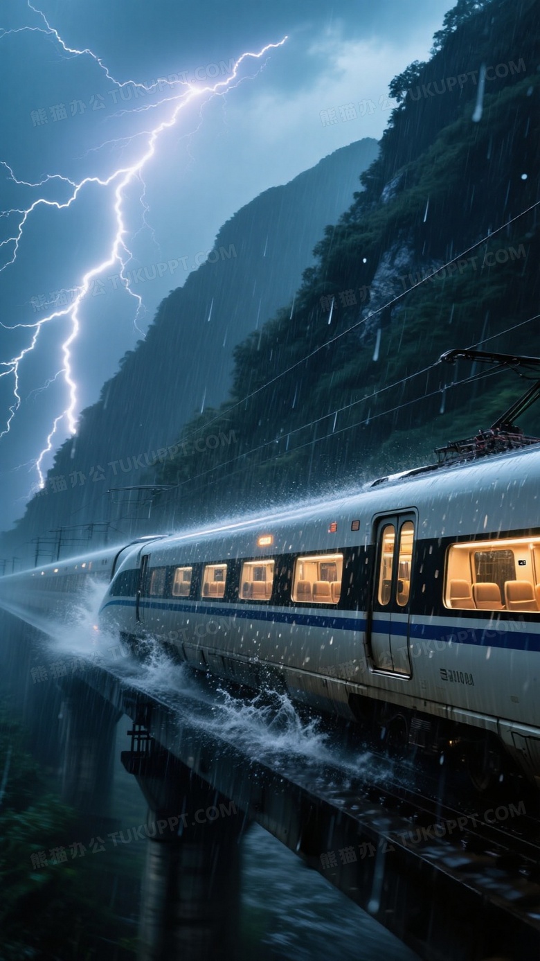 暴雨中的动车组掠过高架桥