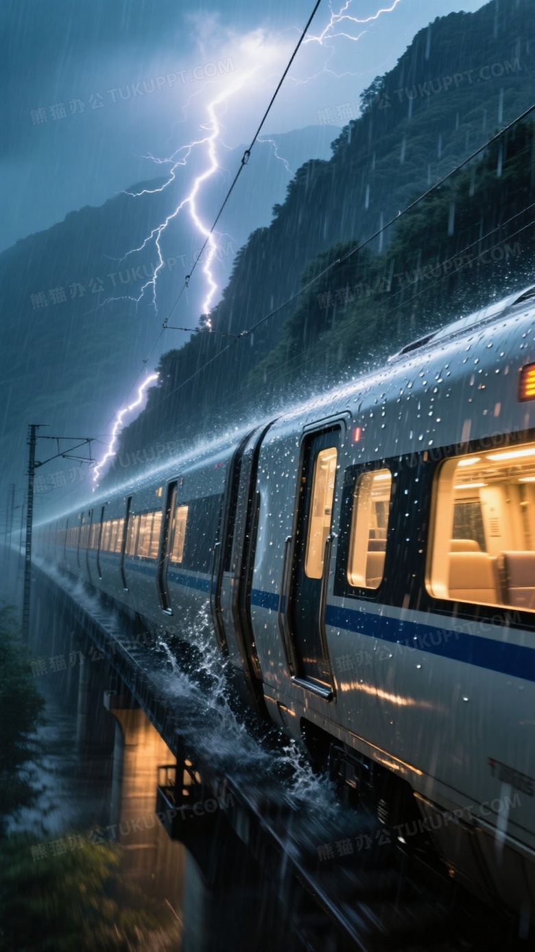 暴雨中的动车组掠过高架桥