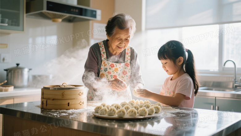 敬老院厨房互动跟拍奶奶和孙女一起包饺子