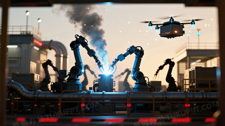 逆光剪影勾勒机械臂集群作业场景