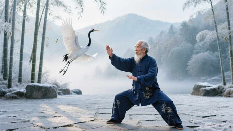 冬日竹林太极摄影藏青唐装老者在青石板广场做白鹤亮翅
