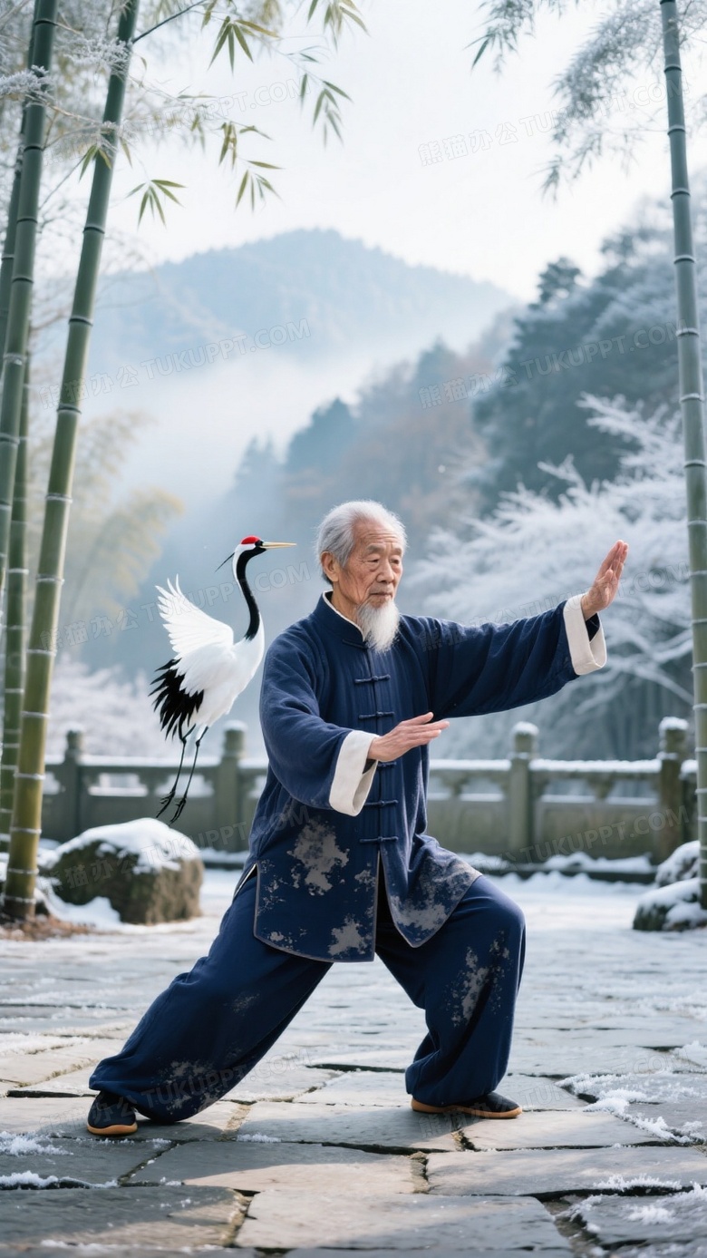 冬日竹林太极摄影藏青唐装老者在青石板广场做白鹤亮翅
