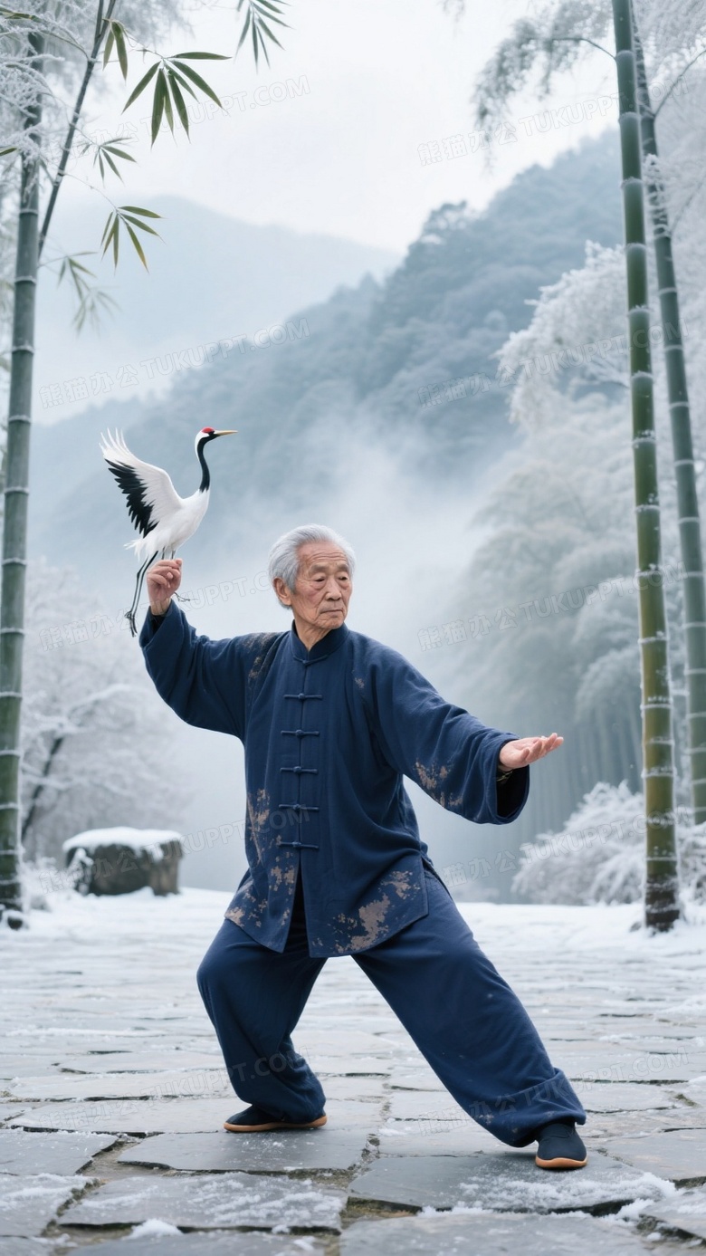 冬日竹林太极摄影藏青唐装老者在青石板广场做白鹤亮翅