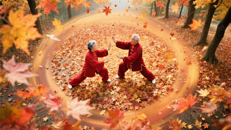 秋日枫林双人太极图绛红练功服的老年夫妻在金红枫叶雨中做揽雀尾
